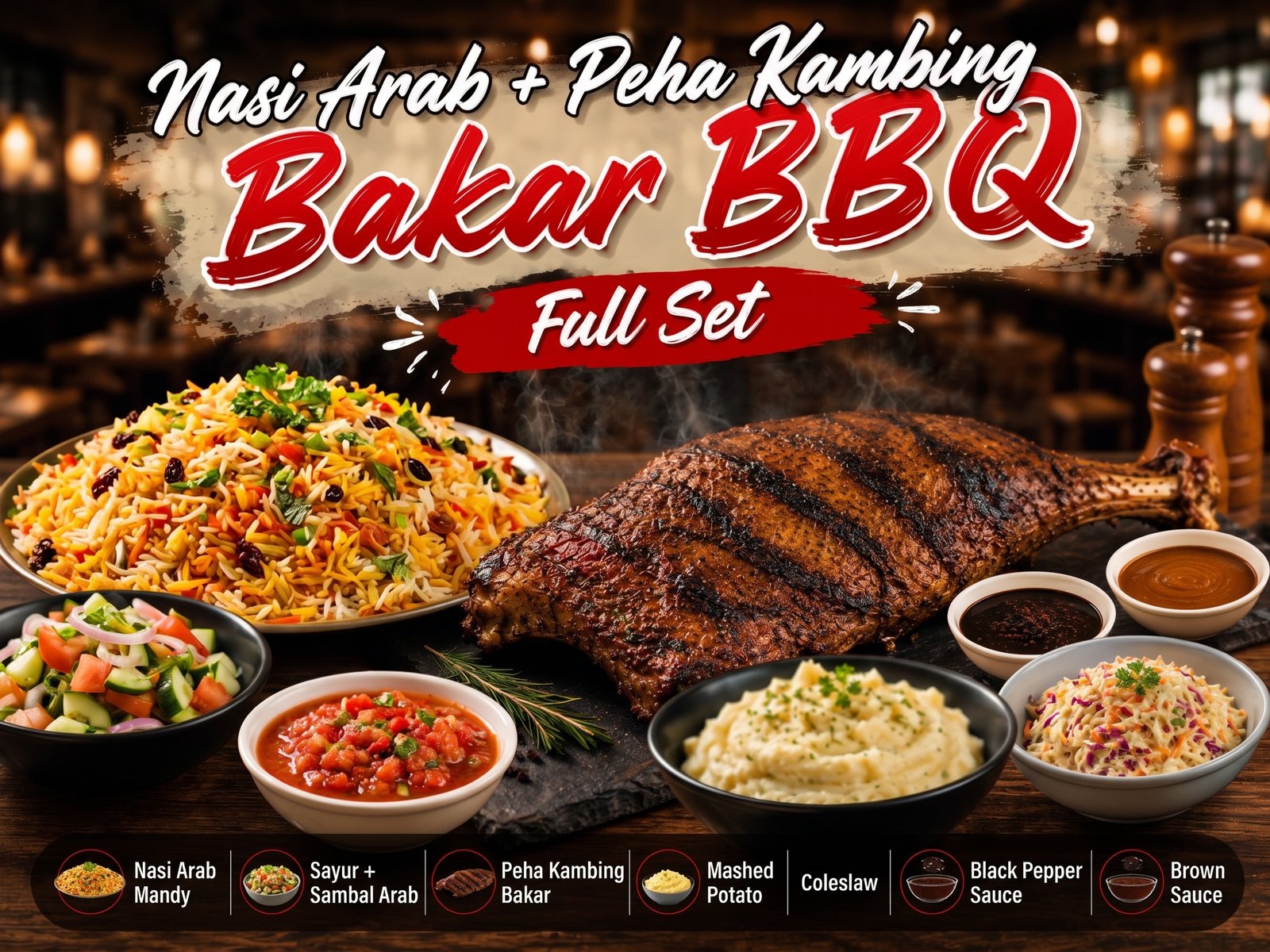 Nasi Arab Mandy + Peha Kambing Bakar Full Set